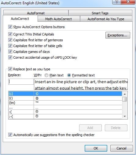 microsoft word auto correct menu