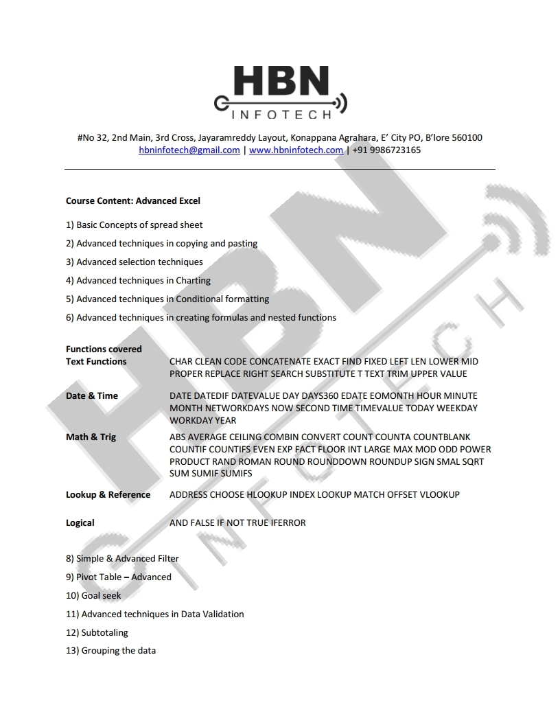 hbninfotech.com Advanced Excel Course Content Jun 26 2020
